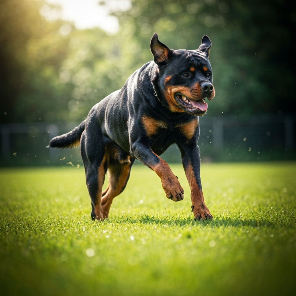 Een actieve, gespierde hond rent buiten in het groen - representeert de energiebehoeften van honden