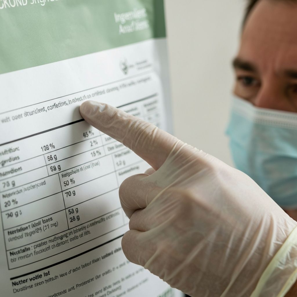 Close-up van een diervoeding etiket met verwarrende ingredienten, een vinger met handschoen wijst naar vage termen